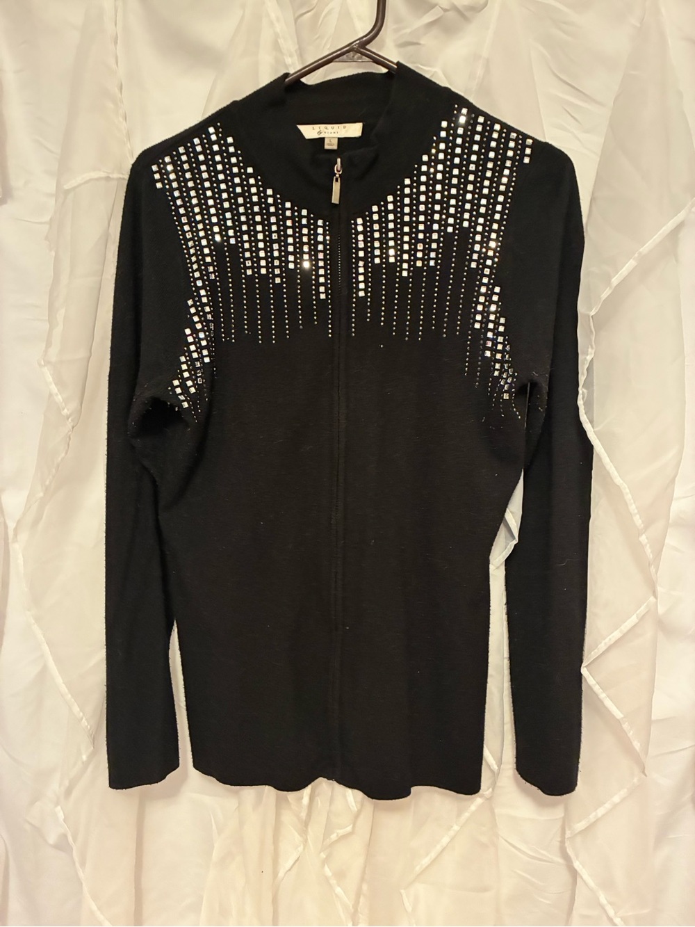 Embellished Zip-Front Black Women's Sweater